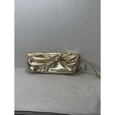 NWT Y2K Gold Metallic Bow Wristlet Clutch Evening Bag Wristlet Strap