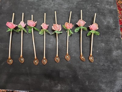 8 Vintage Plastic Sip N Spoon Straw Spoons Swizzle Glitter Roses Pink Unique!