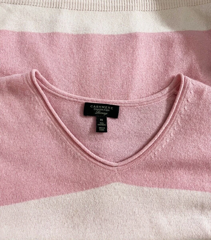 ➤Suéter para mujer CHARTER CLUB 100 % cachemir cuello en V novio •Rayas rosas XS S Foto 3 de 4