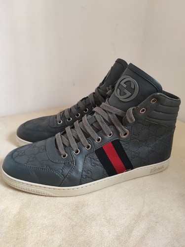 Gucci Men's GG Imprime Dark Gray Leather High Top Sneakers Size 9 US - Picture 4 of 11