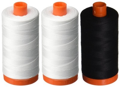 3-Pack - Aurifil 50WT - 2 White + 1 Black, Solid - Mako Cotton Thread - 1422Y...
