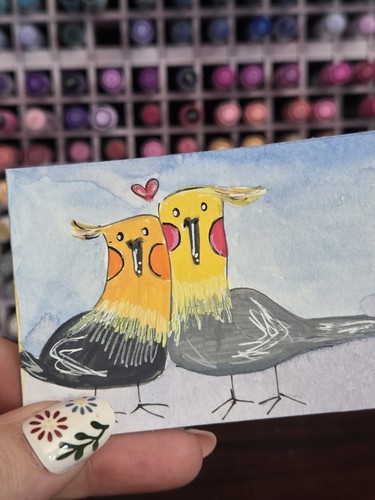 ACEO Original Kawaii Folk Painting Jessica Disparti Whimsical Love Birds Art