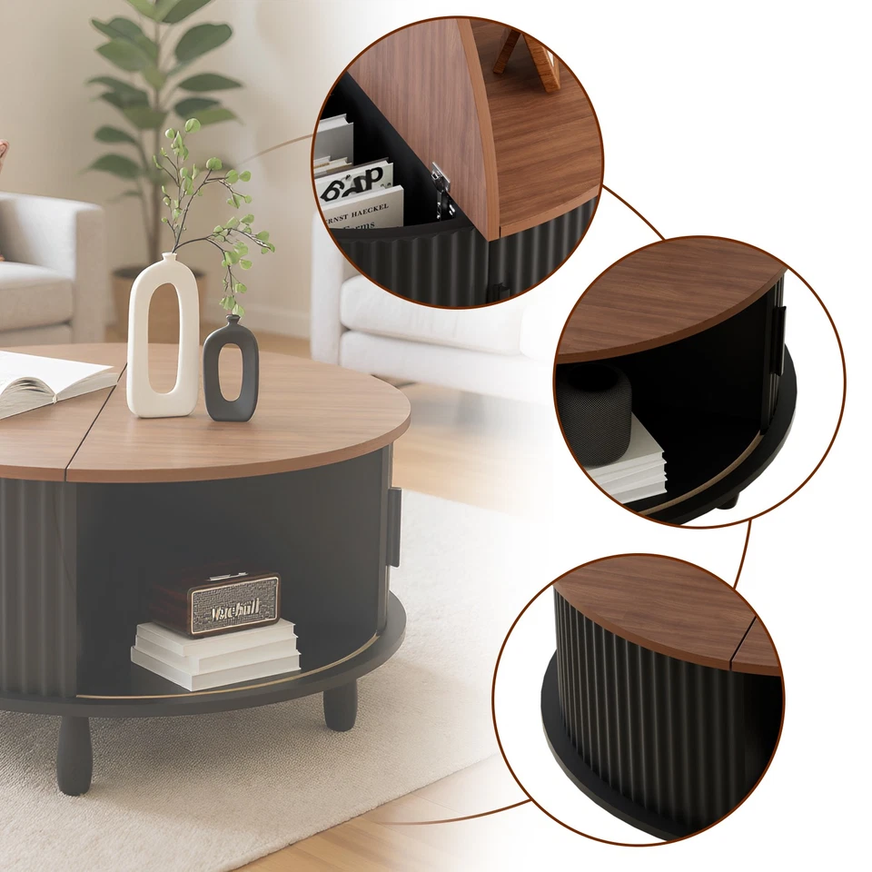 Wooden Coffee Table w/Storage Round & Sliding Cabinet Door for Living Room Black - Image 4 of 4