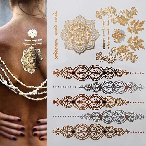 10 Blätter Metallic Temporäre Tattoos Wasserdichte Goldene Tattoo-Aufkleber FSK - Bild 5 von 10