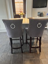 Bar Stool Chairs with Backrest. Solid Wood Legs. Studded Details With Ring Pull