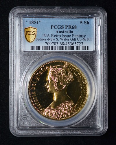 PCGS PR68 1851 Australia Queen Victoria Sydney NSW Gilt 5 Shillings