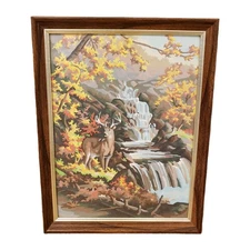 Vtg 1960's Paint By Numbers PBN Deer Waterfall Stream Fall Autumn Leaves Framed