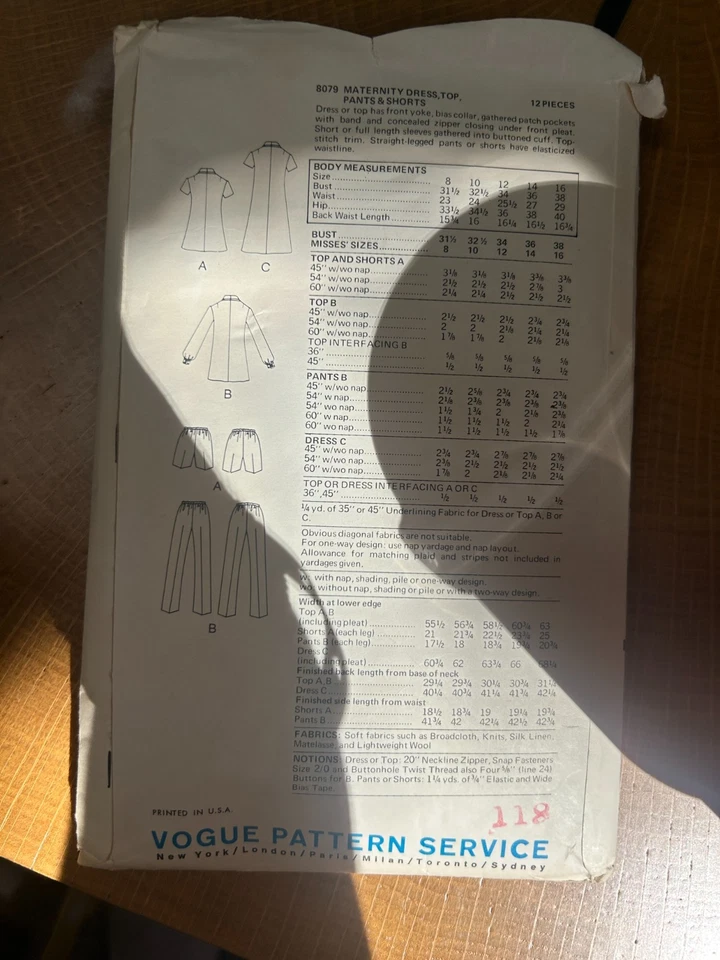 FREE SHIP! 8079 Vogue Pattern Sz 8 Maternity Dress Top Pants Shorts - Image 2 of 2