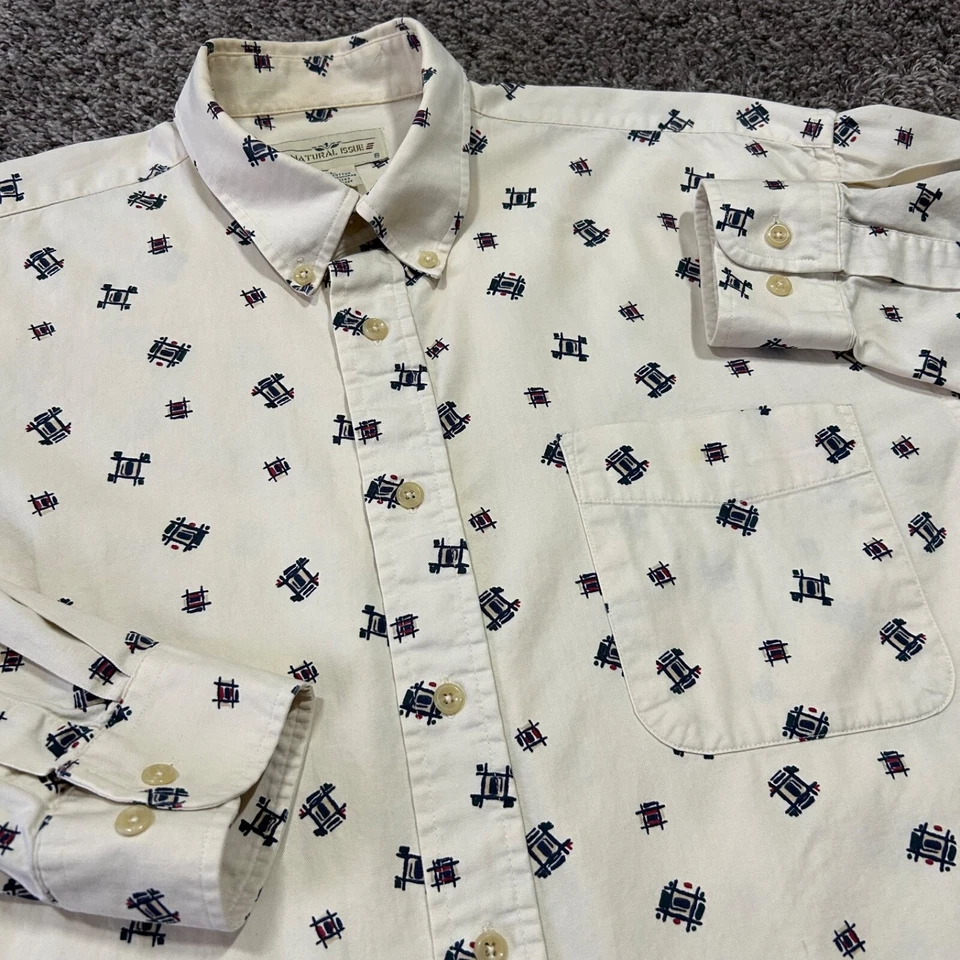 Vtg Novelty Print Long Sleeve Button Down 90s Beige Cream Large - Image 2 of 4