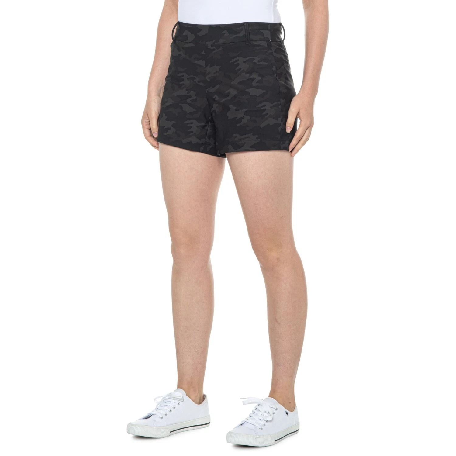 SPANX Black Camo 6" SUNSHINE Stretch Pull On Pocket SHORTS Womens Size XS NEW
