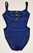 Vintahr Swimsuit La Blanca Size 8 S/M 70s 80s Navy Blue Gold Embellished Bodice