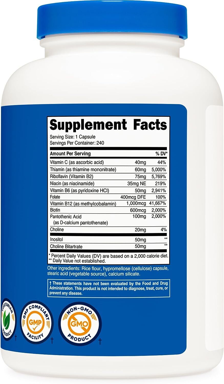 Nutricost VITAMIN B COMPLEX 240 Capsules B1 B2 B3 B5 B6 B7 B9 B12 Folic