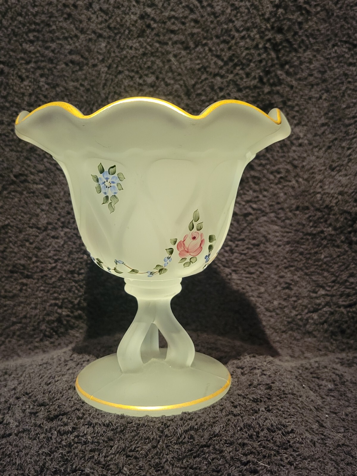 Westmoreland White Frosted Glass Pedestal Candy Dish Hand Painted Flowers