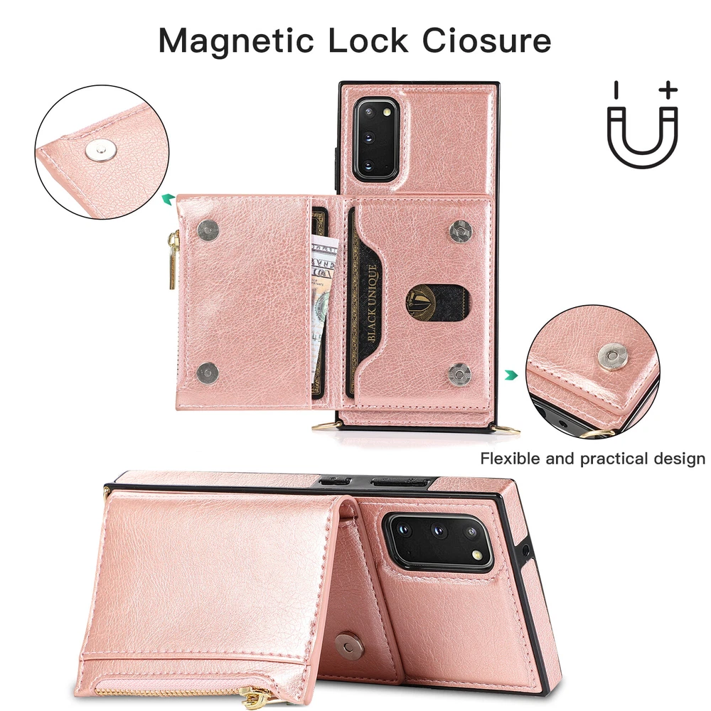 Phone Case PU Leather Credit Bank Card Holder Back Cover Shoulder Strap Cord