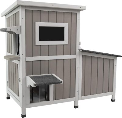 Petscosset Outdoor Cat House Two-Story Cat Shelter with 3 Separate Rooms