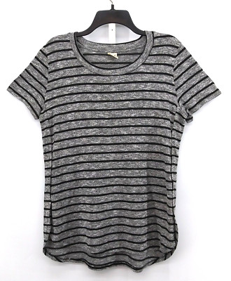 Faded Glory Shirt Women Size L Gray Striped Short Sleeve Round Neck Pullover Top