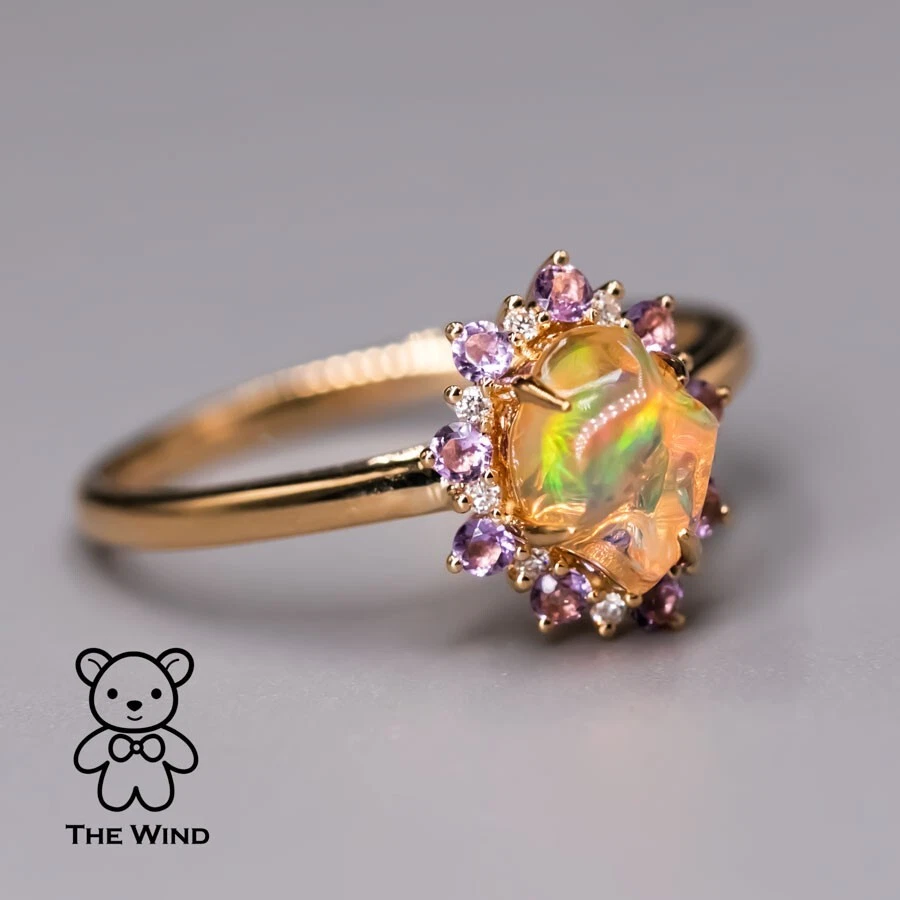 Stunning Mexican Fire Opal Amethyst Diamond Engagement Halo Ring 18K Yellow Gold - Image 3 of 4