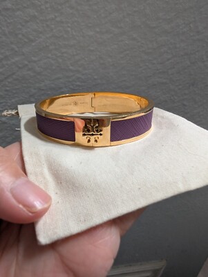 Tory Burch Leather Inlay Hinged Bangle Bracelet Purple Gold