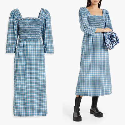 Ganni Shirred Checked Seersucker Midi Dress Size 32 US XS | eBay