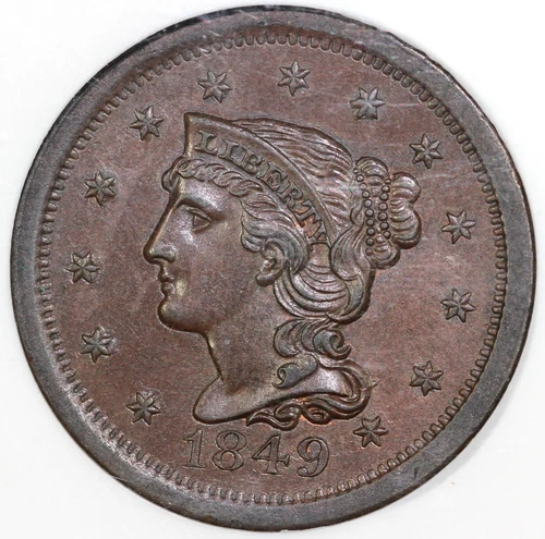 1849 1c N-7 Braided Hair Large Cent NGC MS 64 BN EX; Jules Reiver