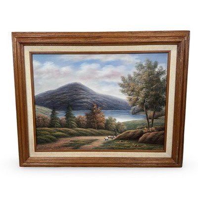 P Wilson Signed Original Oil on Canvas Landscape Painting Sheep Lake Mountain