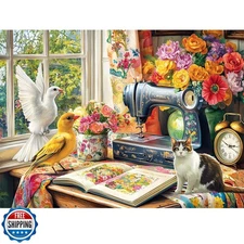 Puzzles 300 Pieces for Adults,Vintage Sewing Machine Cat Jigsaw Puzzle for Se