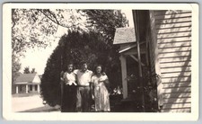 Vtg B&W Snapshot Man Two Women Outside House Yard Trees Fashion 1940s