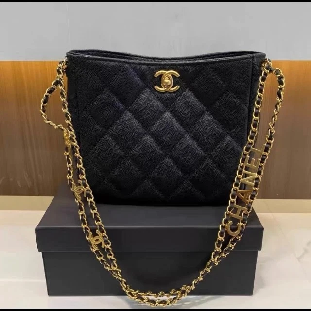 Black Quilted Cosmetic Crossbody Pouch w/ Chain Strap