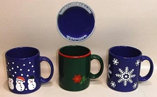 Waechtersbach Mugs 3 pc Royal Blue Snowflake and Snowman Hunter Green Poinsettia