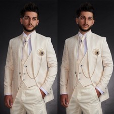 Luxury Beige Jacquard Men's Suit Formal Wedding Groom Tuxedo Party Prom 3 pieces