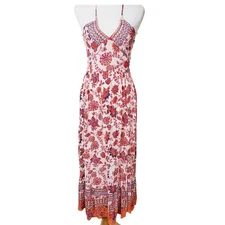 Angie Womens S Boho Floral Maxi Dress Smocked Halter Neck Vacation Beach Boho