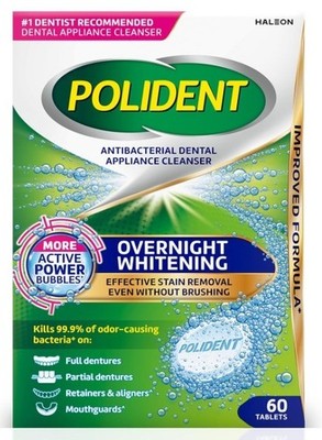 Polident Overnight Whitening Antibacterial Dental Appliance Cleanser Tablets, 60