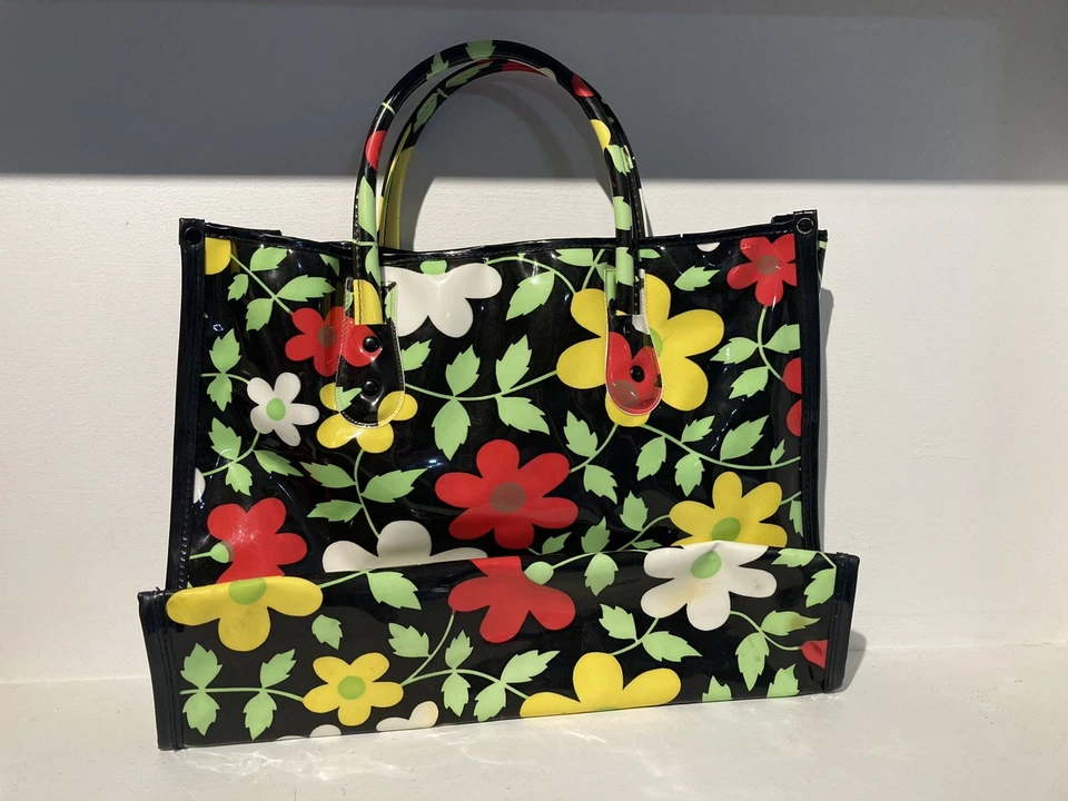 VTG MOD-GROOVY 60-70s-FLORALS PVC Vinyl Tote Black Red Yellow White 10"X13"X4" - Image 2 of 4
