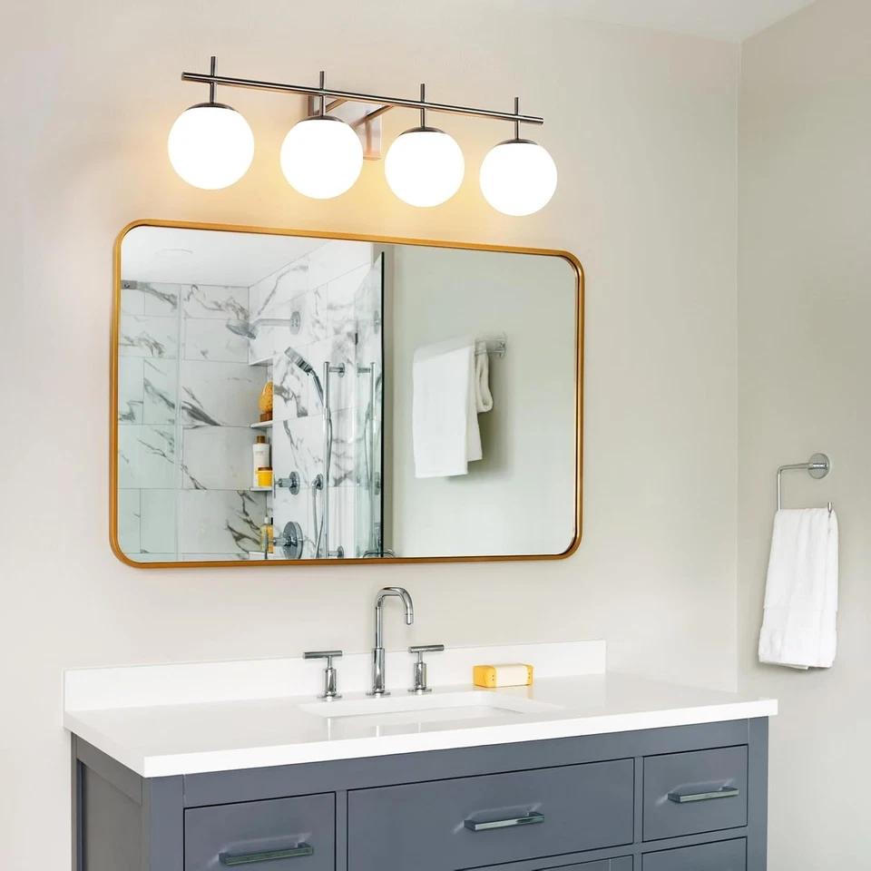 Luz de tocador de baño, luces de tocador de níquel cepillado de 4 luces, 30,7 pulgadas Foto 4 de 4