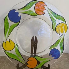 Painted Glass Charger Plate Floral Tulips Blue Yellow Orange Decorative