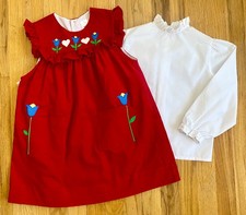 Vintage 80s Corduroy Dress Set Size 6 Red Embroidered Jumper Dress Blouse