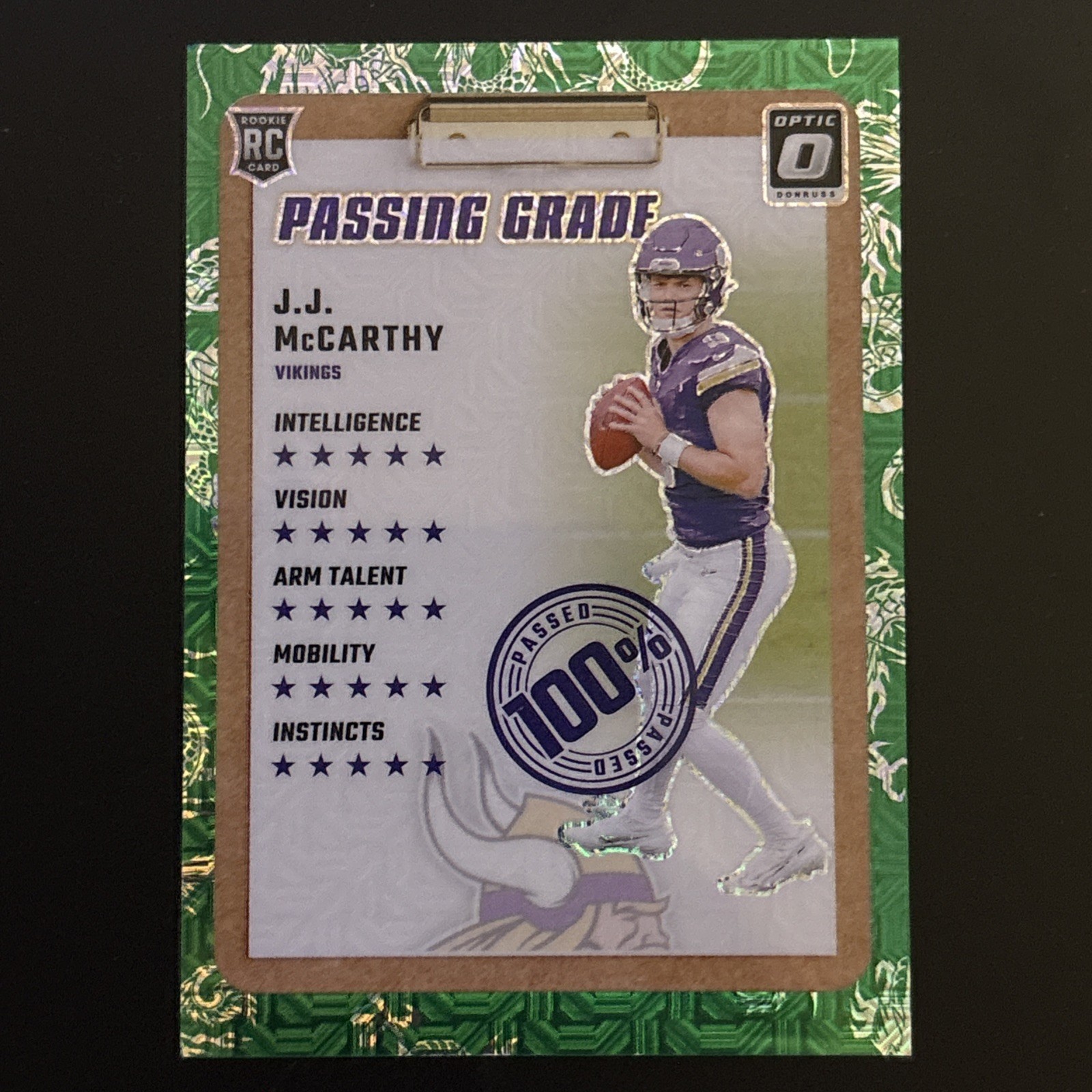 2024 Panini Donruss Optic - Passing Grade J.J. McCarthy #6 Dragon Prizm /24 (RC