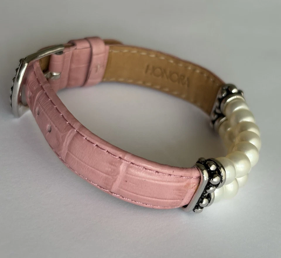 Pulsera Honora Doble Hilo Perla Cuero Genuino Hebilla Ajustable Rosa Foto 4 de 4