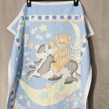 Vintage Quilted Nursery Rhyme Theme Cotton Baby Blanket Lullaby Teddy Bear
