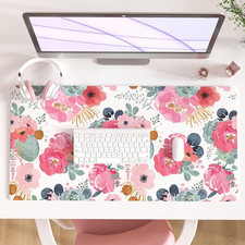 Large Mouse Pad, Pink Floral Desk Mat for Desktop, Women Girls PU Leather Waterp