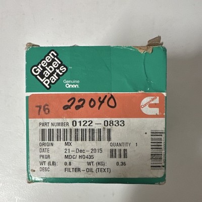 GENUINE Cummins Onan Green Label Parts Oil Filter 0122-0833 - OEM!