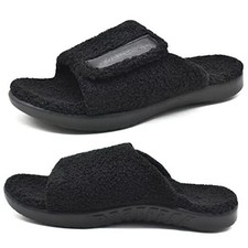 Mens House Slippers with Arch Support  Fur Slides with 7.5 Fluff Black