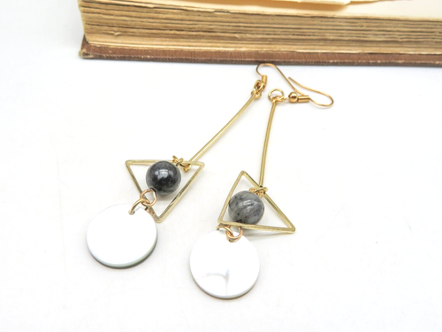 Long Gold Tone White Abalone Gray Bead Geometric Modernist Dangle Earrings II22