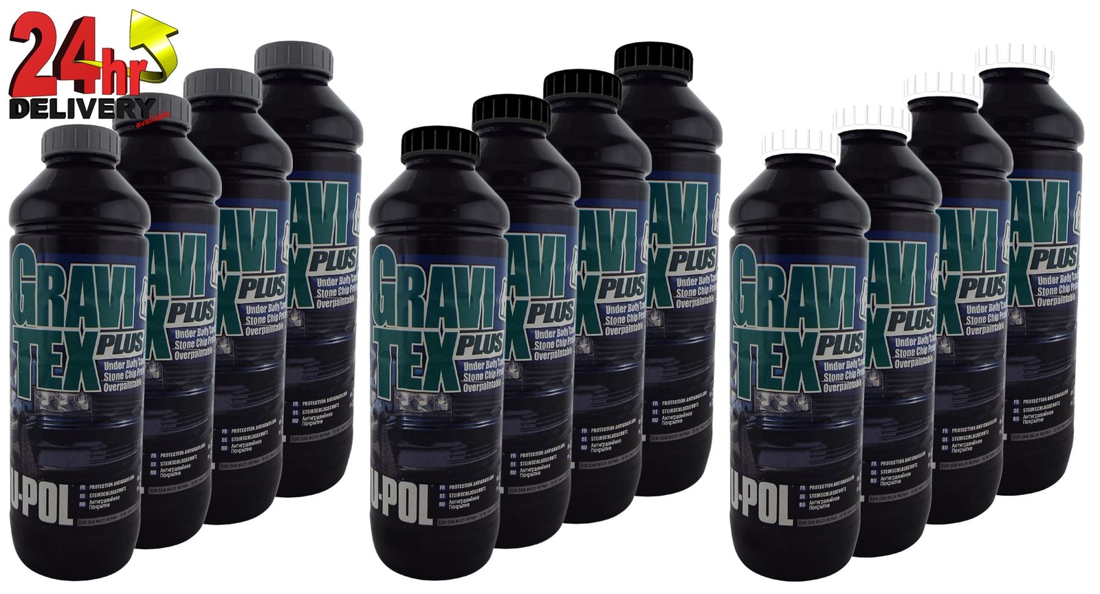U-Pol GRAVITEX Stone Chip Overpaintable 12 Litre [4xBlack/4xGrey/4xWhite] Upol
