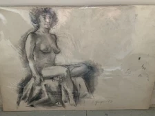 Vintage Edgar Yaeger Conté Charcoal Female Nude Figure Study Drawing Portrait