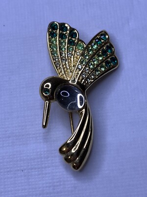 Vintage true Jellybelly Monet Brooch Green and clear rhinestones Hummingbird ￼D1