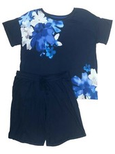 Layla Womens Blue Floral Knit Pajamas T-Shirt  Shorts Sleep Set