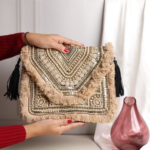 Indian boho Clutch Bag Tan Beaded cross body bag Banjara Bag Bohemian Purse - Picture 3 of 6