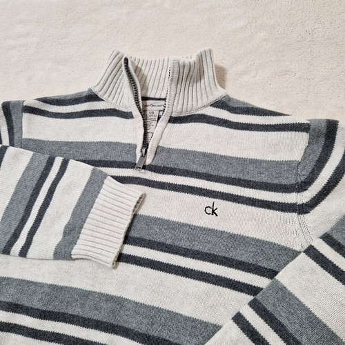Calvin Klein Kids Unisex 1/4 Zip Mock Neck White Striped Knitted Sweater Size L - Picture 3 of 8