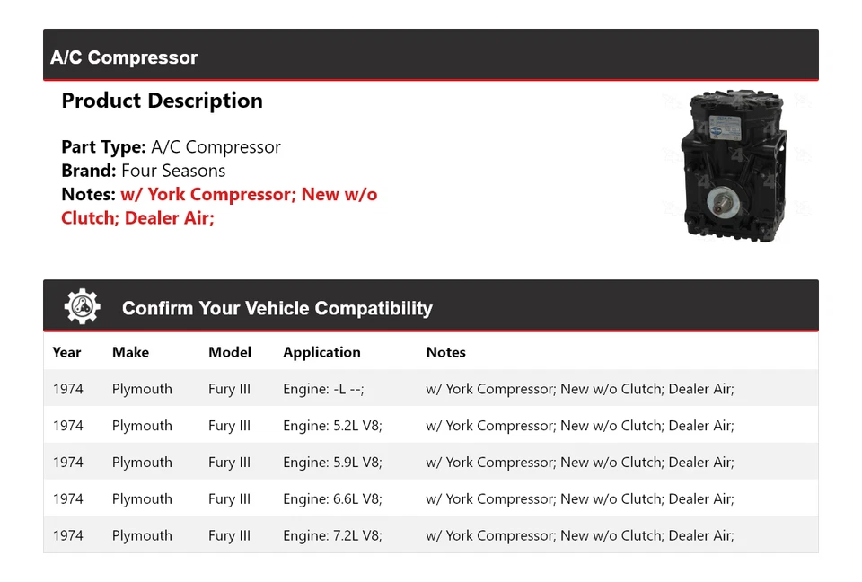 For 1974 Plymouth Fury III A/C Compressor 4 Seasons - Image 2 of 4